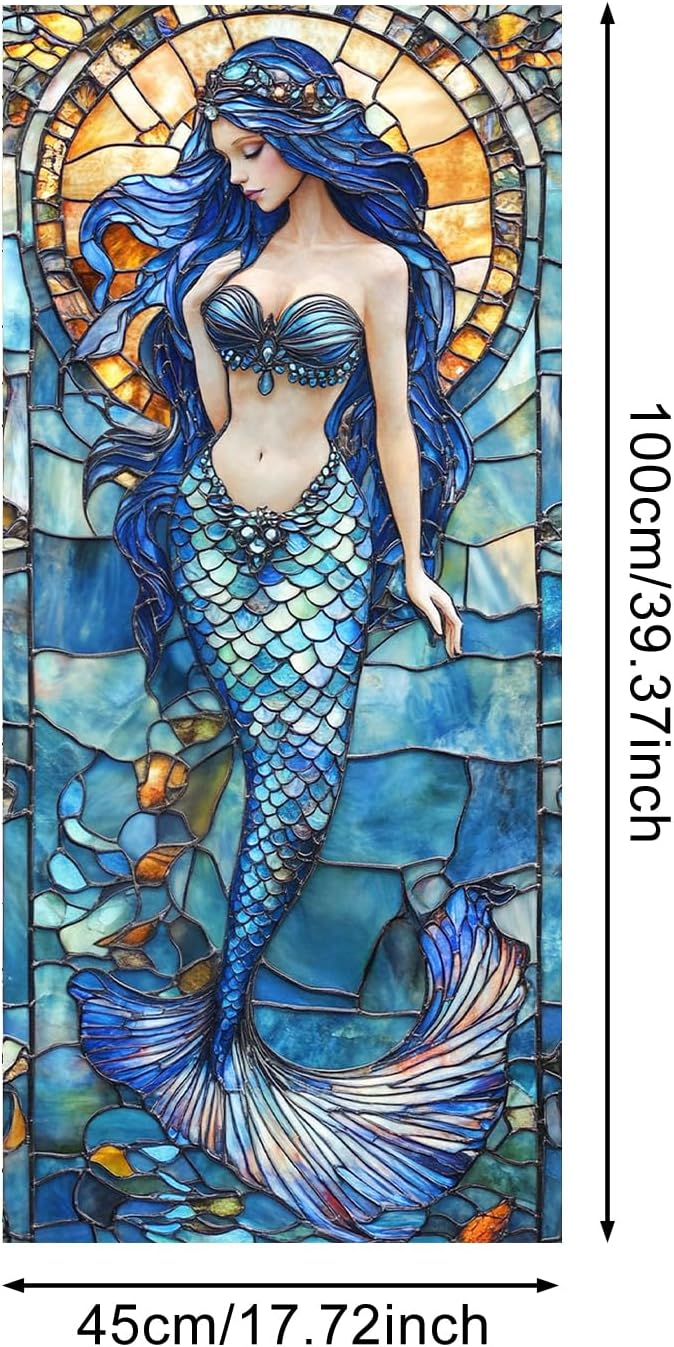 IVN Stained Glass Window Film 17.7x39.3 inch Mermaid Window Privacy Film Stained Decals Static Cling Sun Blocking Decor for Home Office Windows Door Glass Partitions