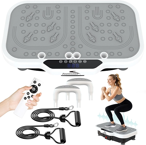 Máquina de exercício com placa vibratória, 8000 vibrações/min plataforma de fitness ajustável, capacidade de 180 kg, plataforma extra grande para treino de corpo inteiro com Bluetooth para