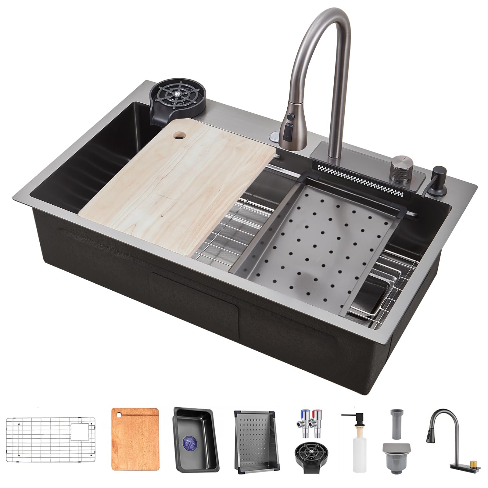 Fregadero de cocina en cascada, fregadero de acero inoxidable T304, 81 x 50 cm, fregadero de cocina multifuncional, fregadero empotrado, fregadero con grifo multifuncional y varios accesorios