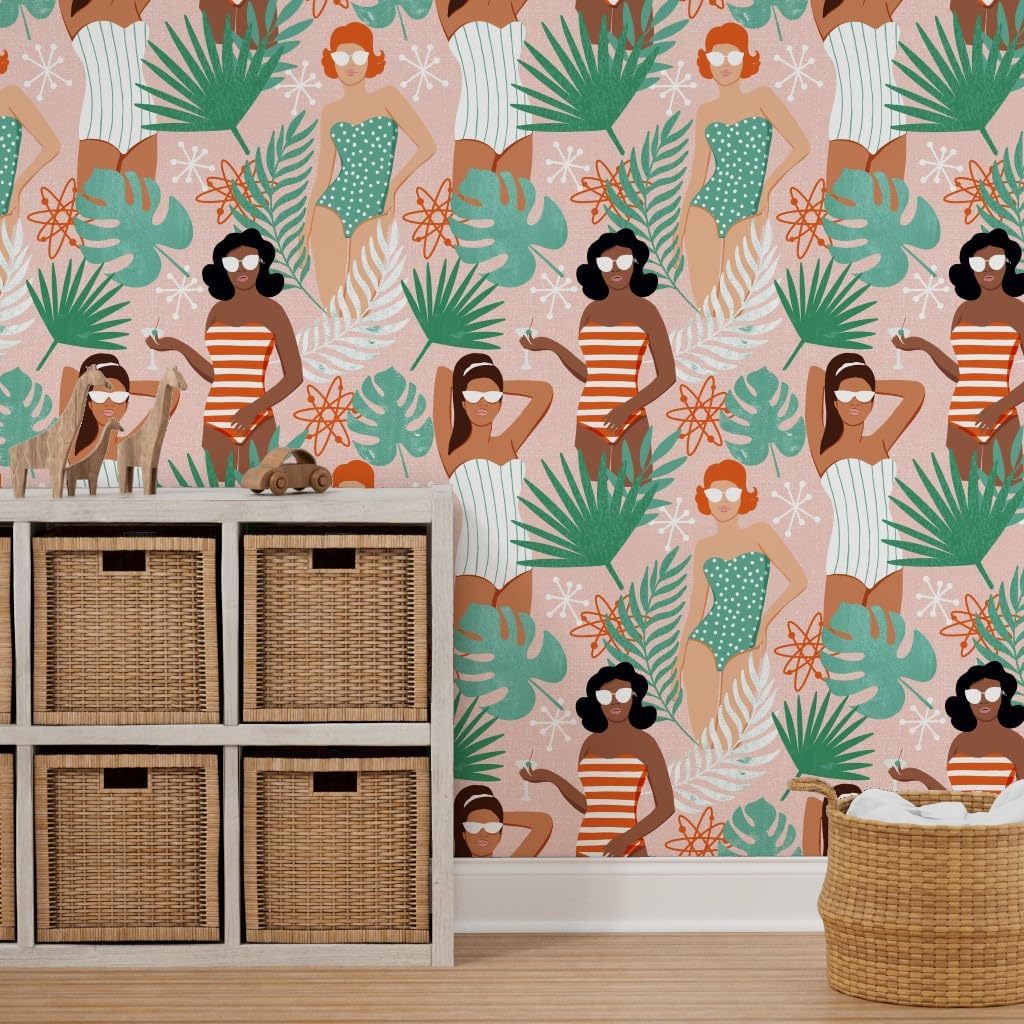 Spoonflower Peel & Stick Wallpaper 6ft x 2ft - Palm Summer Beach Feminine Women Girl Power Custom Removable Wallpaper