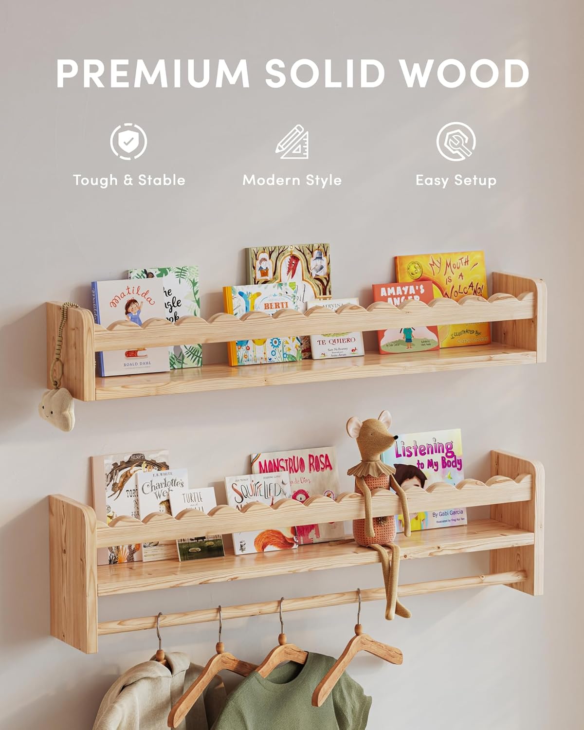 Nursery Book Shelves, Scalloped Shelves, Floating Book Shelves for Wall, Nursery Deocr for Baby, Toddler(Wood, 23 Inches)