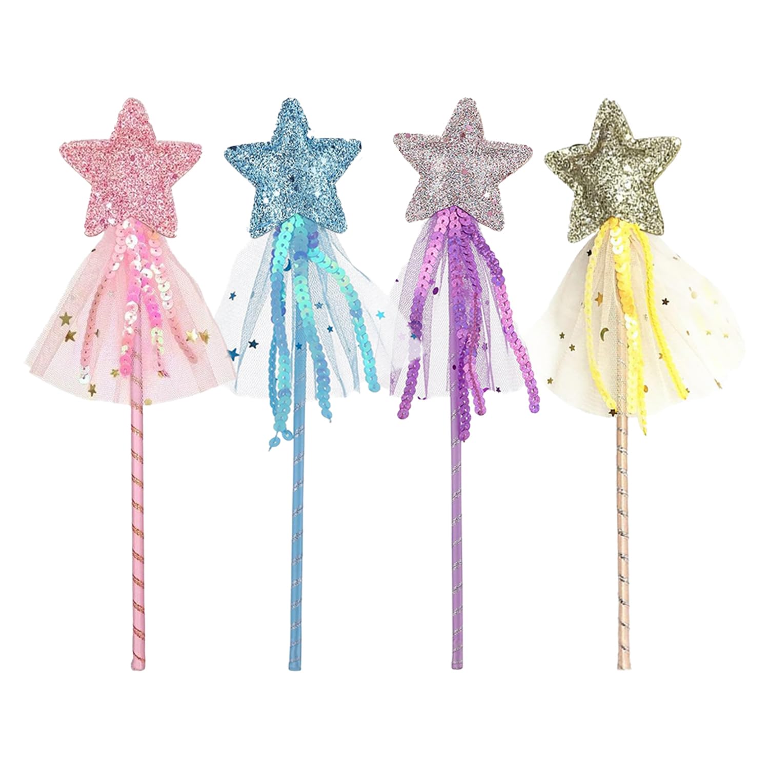 SYEYCW 4 Pcs Star Glitter Princess Wands, Fairy Wand with Sparkle Star, Princess Accessories, Props Sticks for Christmas, Halloween, Birthday, Party, Masquerade Dress Up Gift