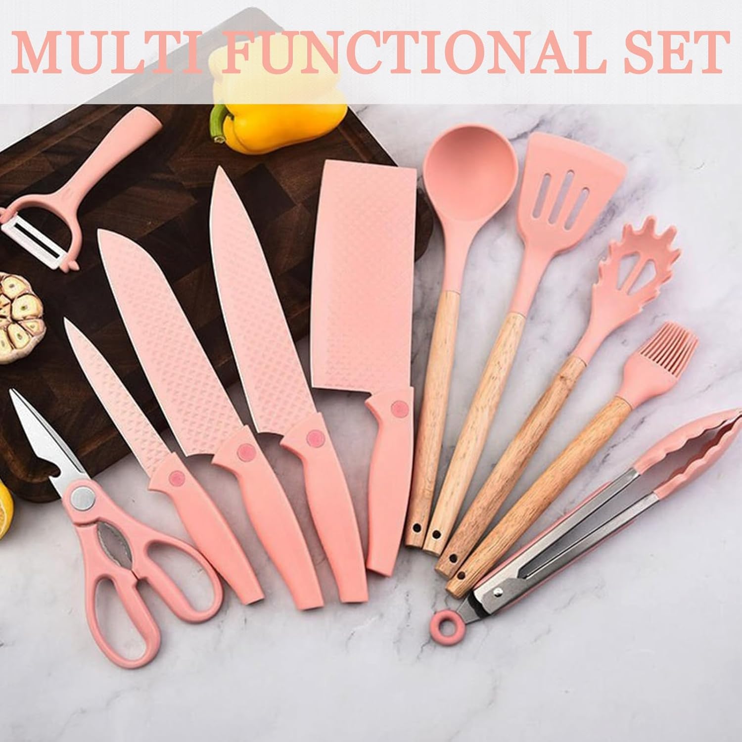 Kitchen Knife Set,12 PCS Cooking Utensils Set with Silicone Spatula Set,Sharp Knife Set and Scissors for Kitchen,Non-Stick Kitchen Utensil Set with Block and Cooking Tools (Pink)