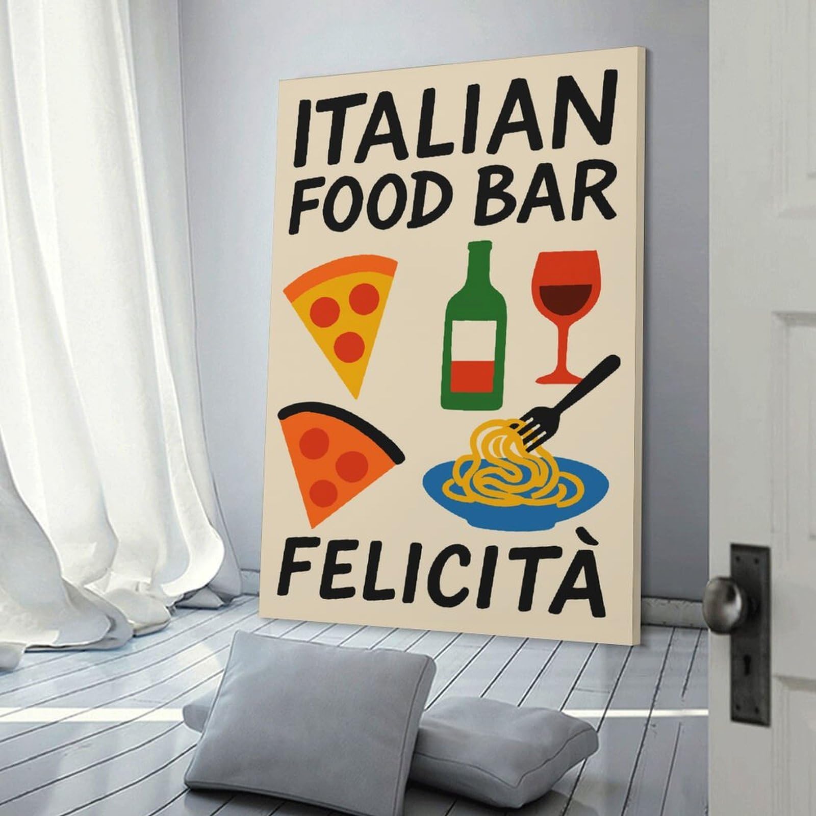 Junmoney Canvas Art Print Italian Food Bar Felicità Illustration, 24x36inch(60x90cm), for Gallery Wall Layouts in Home Or Office, A Versatile Canvas Print for Layering