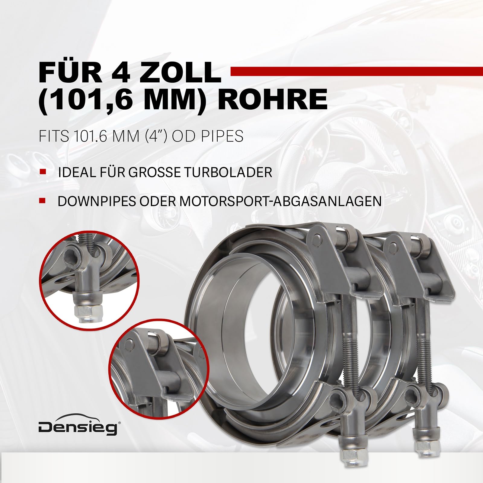 2 zaciski V-Band + kołnierze – obejma do rury wydechowej ze stali nierdzewnej, zestaw do Turbo, Downpipe – Quick Release (2 x Ø 101,6 mm (4")