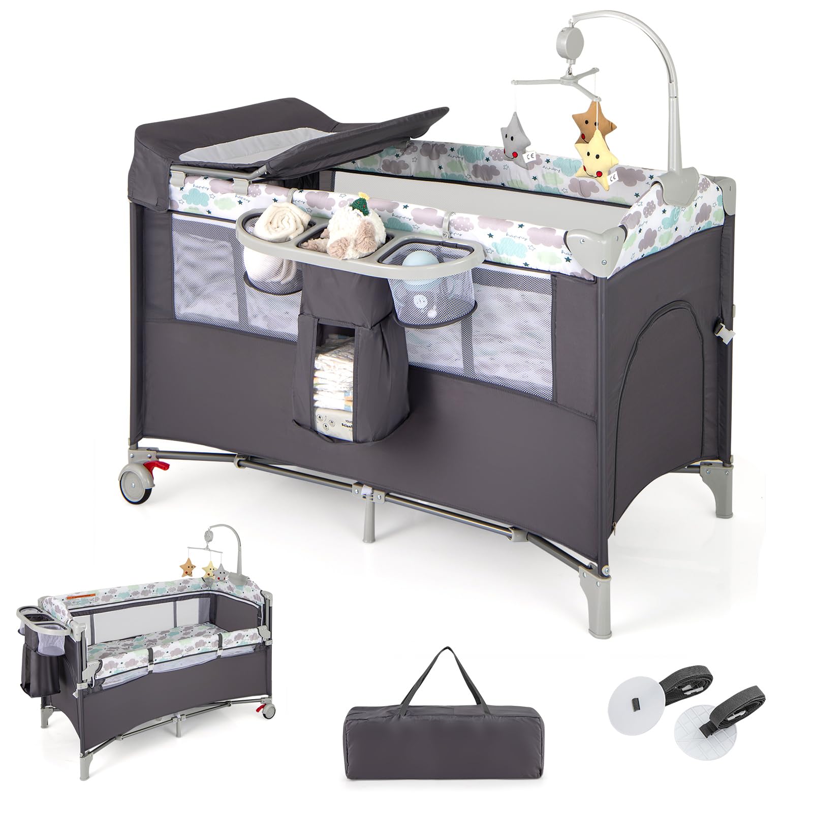 LIFEZEAL Lettino da Campeggio, Lettino per Bambini 0-3 Anni, Culla da Viaggio, Box, Co-sleeping, con Materasso, Fasciatoio, Giostrina, Ruote, Borsa, Pieghevole, Portatile, 125x65x119 cm (grigio)