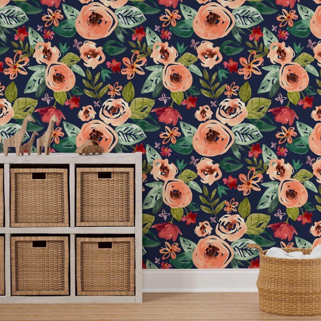 Removable Wallpaper 6ft x 2ft - Hand Painted Floral Navy Large Pink Blue Bloom Peach Winter Custom Pre-Pasted Wallpaper by Spoonflower
