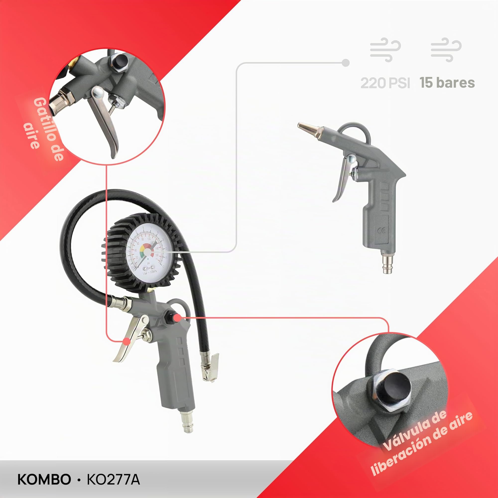 KOMBO – Kit de Accesorios para Compresor con 2 Pistolas de Aire (Soplado + Inflado con Manómetro) y Manguera Espiral 5 m – Universal, Compatible con Compresores de Aire