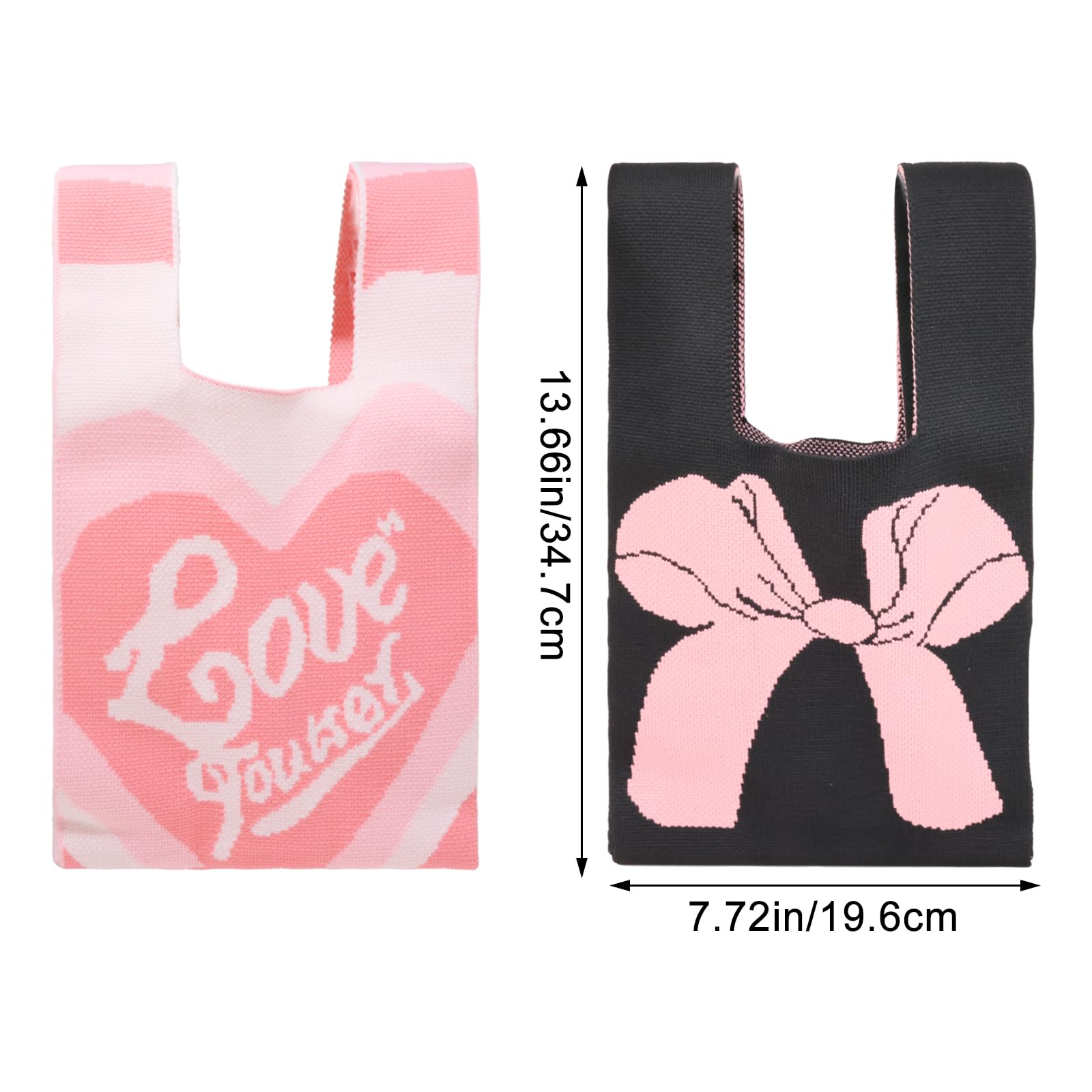 yueton 2 Pack Cute Wristlet Handbag Pink Bow Wrist Bag Adorable Crochet Purse Stylish Mini Tote Bag Black Knit Purse for Women