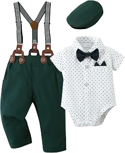 YALLET Baby Boy Clothes Set Infant Tuxedo Long Sleeve Gentleman Suit Outfits + Beret Hat + Suspender Pants + Bowtie 0-24M