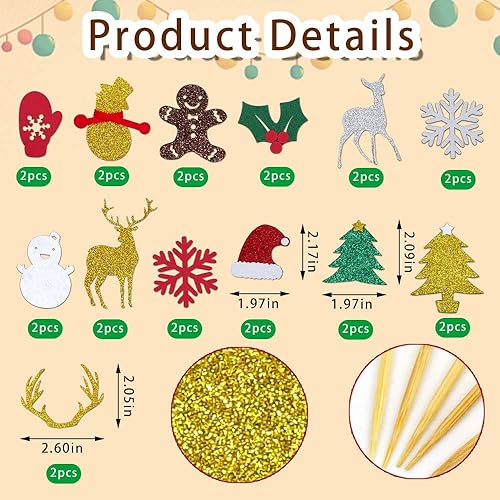 Miniatura 2 de 26 piezas de adornos para cupcakes de Navidad, adornos para pasteles de árbol de Navidad, con purpurina, rojo, verde, amarillo, para tartas de