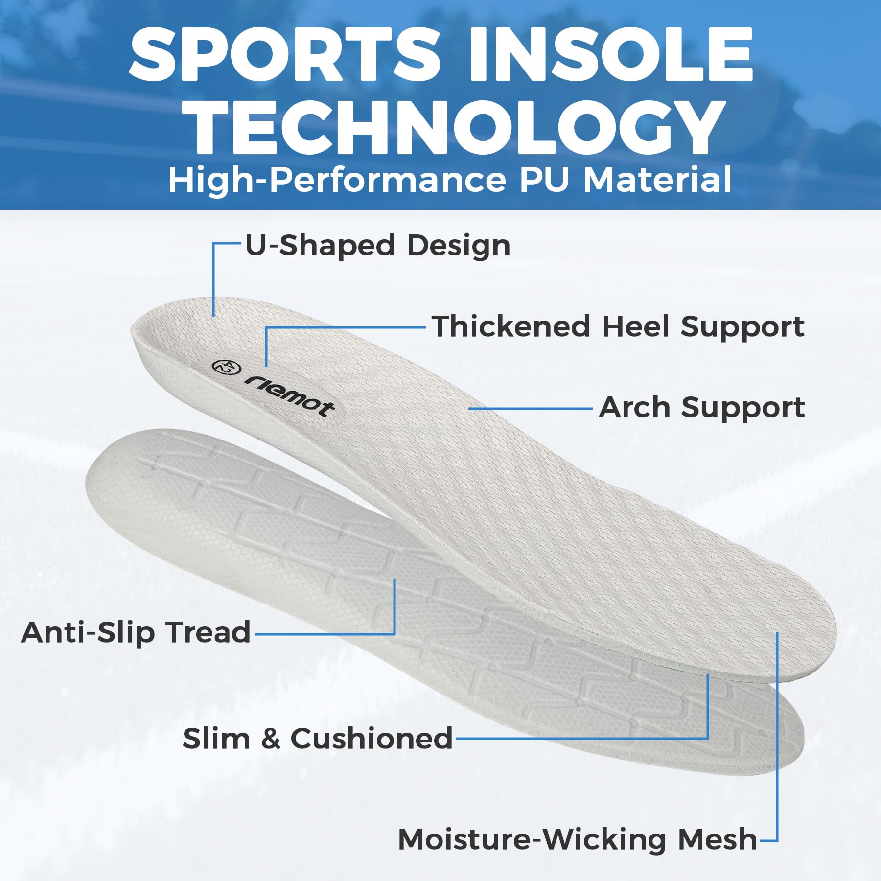 riemot Semelles de Sport Homme, Semelles Running Football Tennis, Amorti Haute Performance Voûte Plantaire pour Course à Pied, Randonnée, Respirantes Anti-Transpiration pour Chaussures de Sport, 42 EU - 2