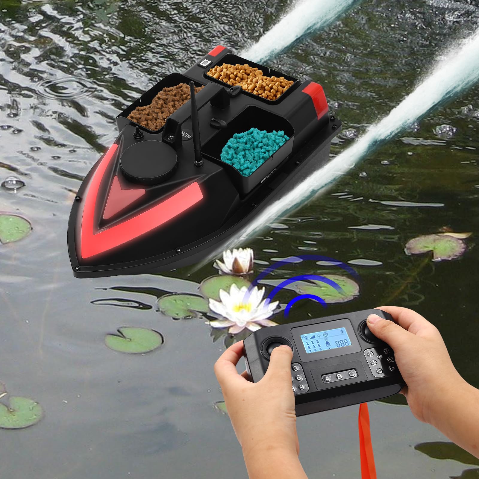 Bote de pesca con 3 depósitos de cebo, batería de 5200 mAh y mando a distancia de 500 m, LED, retorno automático, color negro