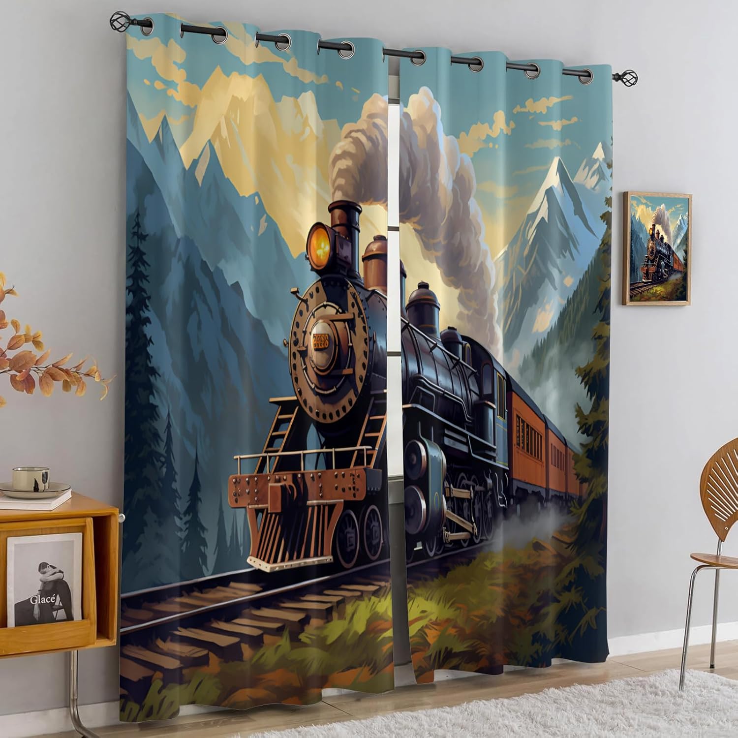 Vintage Train Black Out Curtains 63 inch Long 2 Panels, Steam Engine Locomotive Curtains for Bedroom Living Room Decor, Steam Train Window Treatment Drapes with Grommet