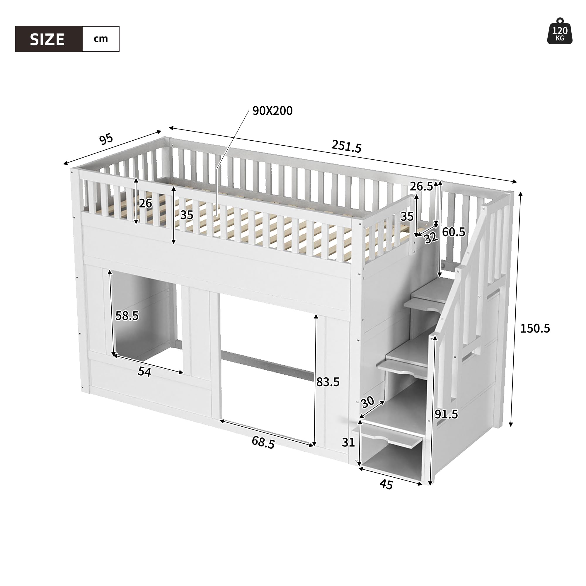 Cuna Litera 90 x 200 cm Blanca Cama Alta Multifuncional Cama Infantil con Armario Escaleras Espacio Convertible Debajo Sin Colchón