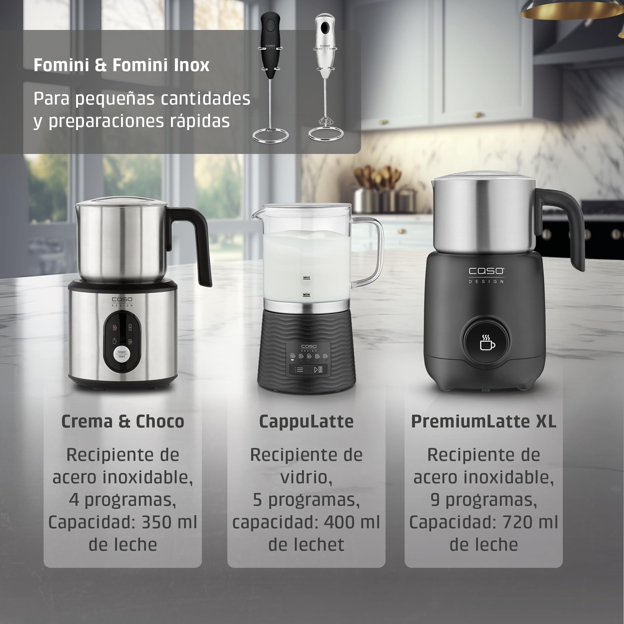 CASO CappuLatte - Espumador de leche eléctrico, espuma cremosa, espumador de leche caliente y frío, cacao, chocolate caliente, recipiente de vidrio extraíble, apto para lavavajillas, 5 funciones