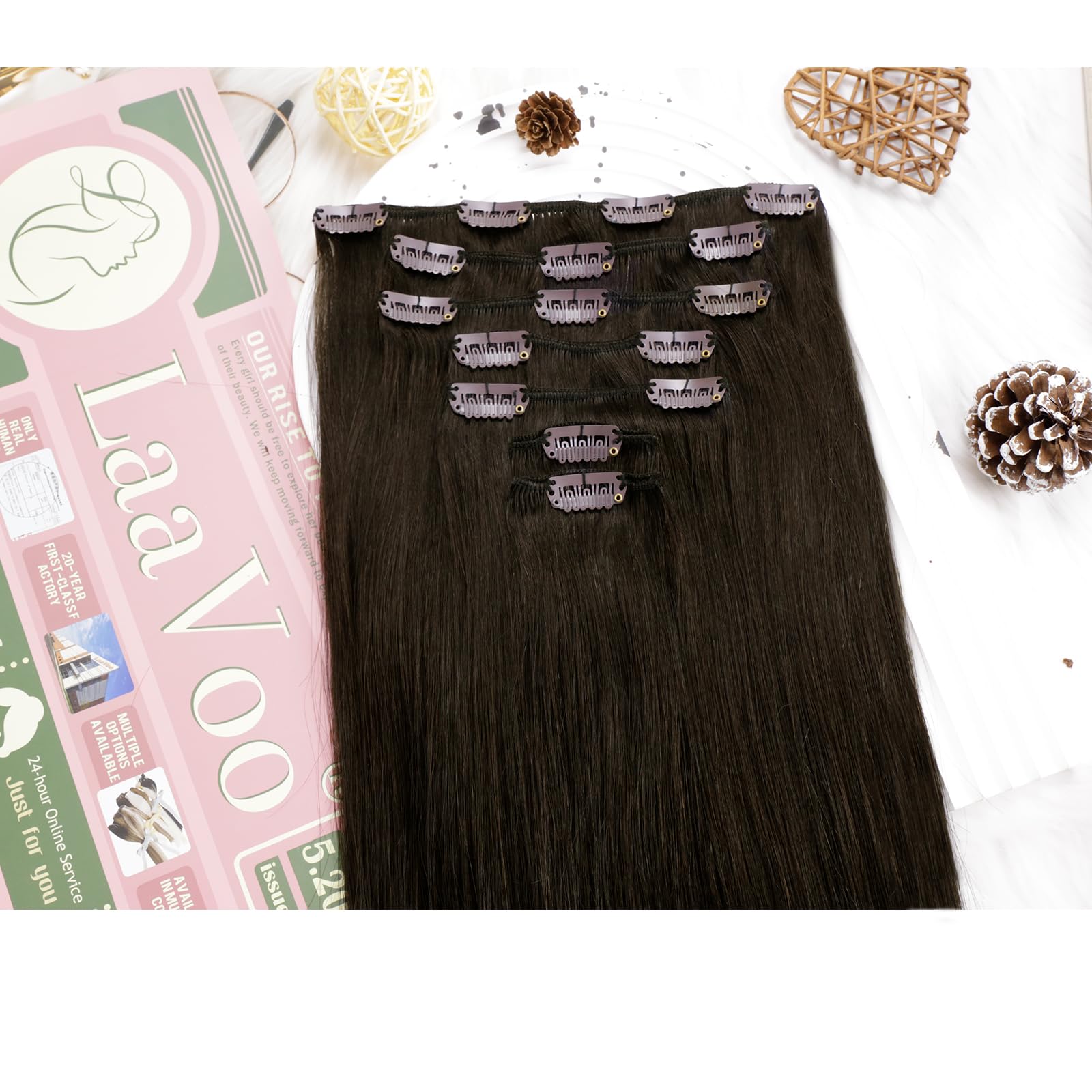 LaaVoo Clip in Hair Extensions Real Human Hair Dark Brown Hair Extensions Clip in 24 Inch 140g 7pcs Full Head Remy Straight Darkest Brown Hair Double Weft #2 - Image 2
