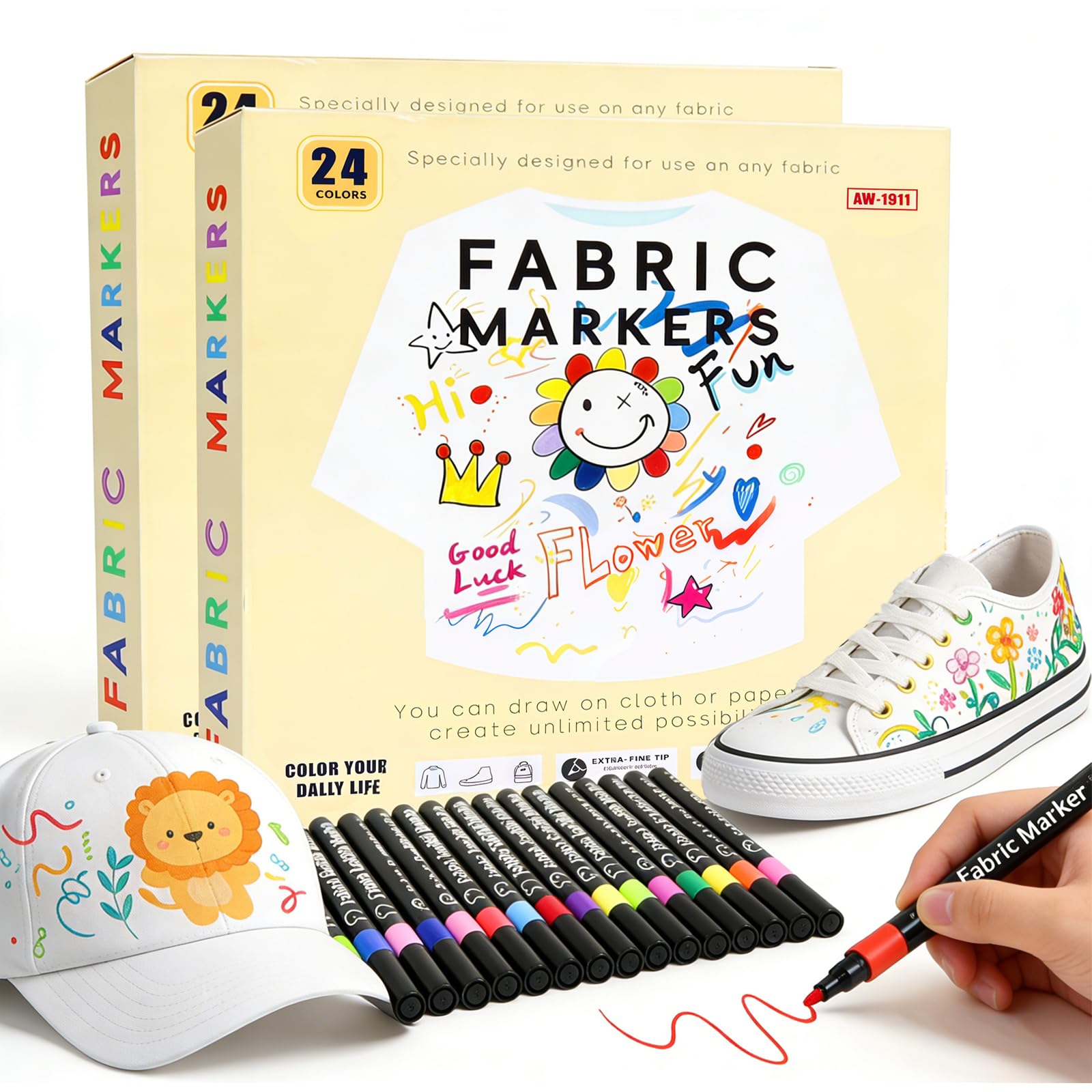48 Rotuladores Textiles, Rotulador Textil Permanente, Lavado y Permanentes, Adecuados Para Camisetas, Bolsos, Zapatos y Otros Textiles, Adecuado Para Niños y Adultos(24 * 2 juegos)