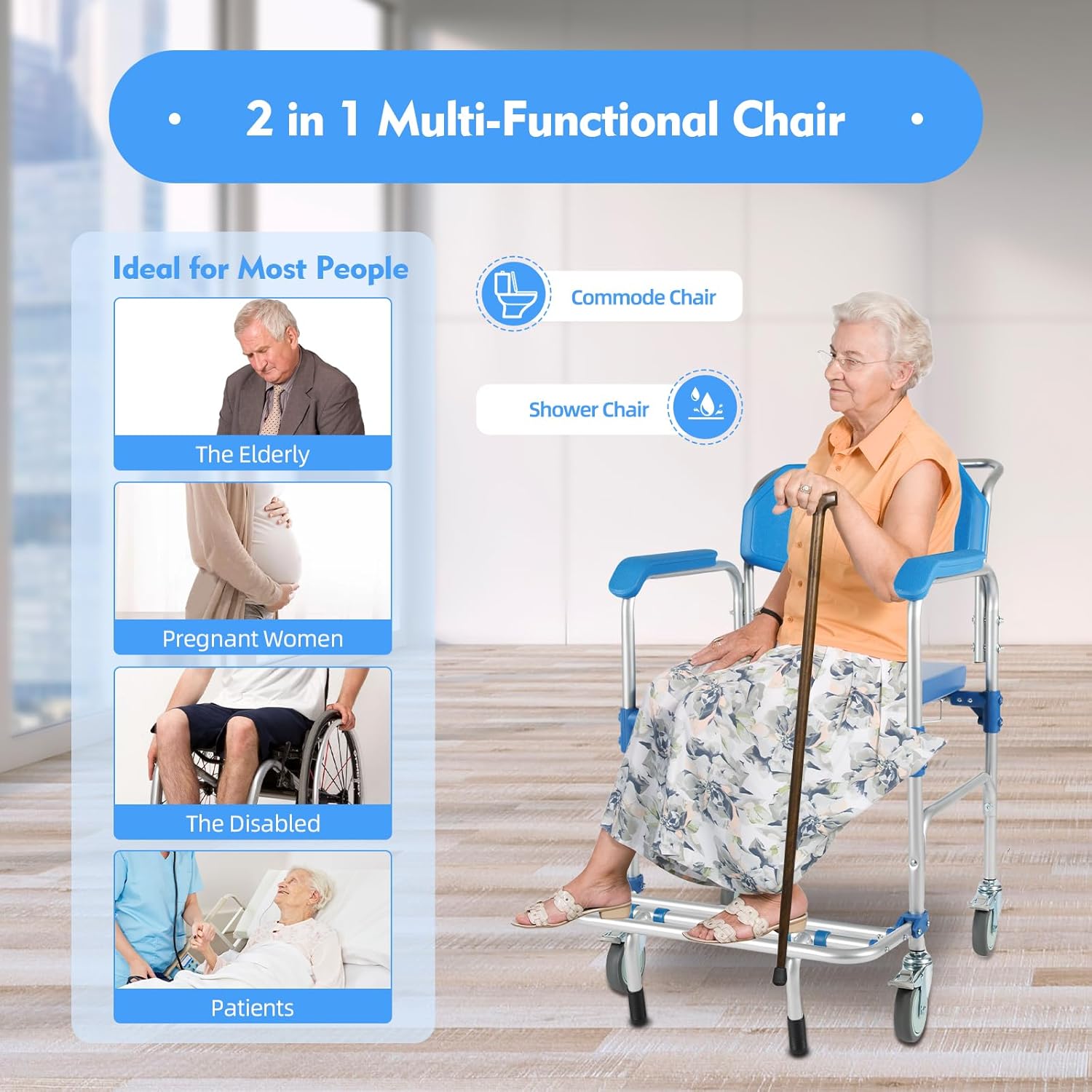 Commode Toilet, 330Lbs Bedside Commode, for 5.74FT Portable Commode Chair, W/Bucket, 4 Universal Wheels, Handles, U-Shaped Cushion, for Disabilities, Pregnant Women, Postoperative Patients Etc