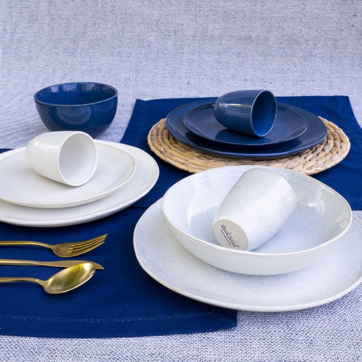 Artime Lot de 6 Assiettes Creuses en Céramique Ø20,5 cm, Bleu, Gris et Crème, Forme Ronde, Idéales pour Pâtes et Soupes