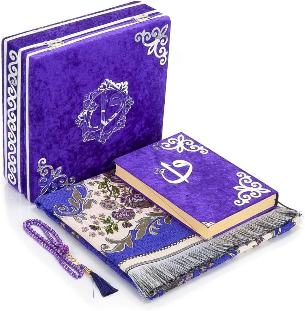 ihvan online Luxury Islamic Prayer Velvet Covered Gift Box, Deluxe 4 Piece Set with Elegant Velvet Covered Quran & Prayer Beads Tesbih & Prayer Rug, Ramadan & Eid Gift, Purple