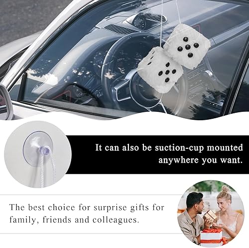 Miniatura 6 de 2 piezas de dados de felpa mullidos con puntos, par de dados cuadrados de 3 pulgadas, adorno retro para espejo retrovisor, colgante clásico de dados