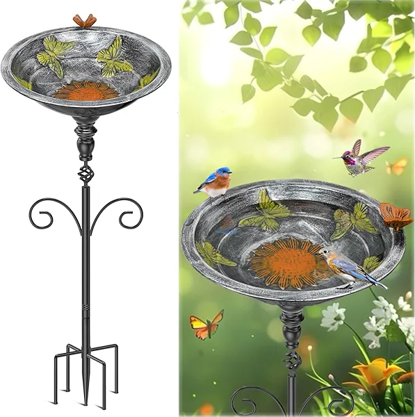 Gouisalin 35In Bird Bath for Outside, Vintage Metal Birdbaths & Birdfeeder with 5 Prong Bases for Outdoors, Freestanding Bird Feeder Bowl with for Garden Yard Lawn Decor (Vintage Silver)