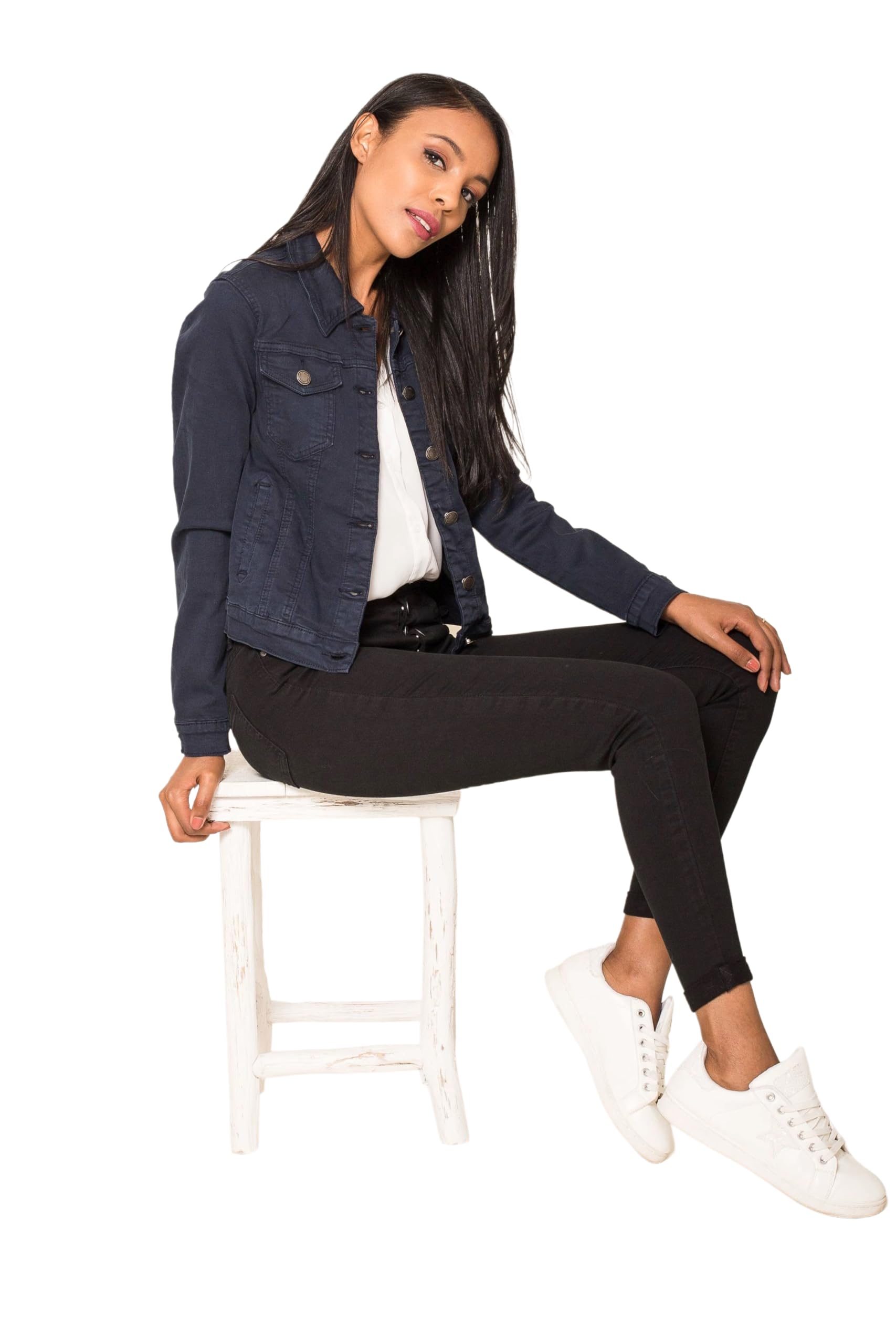 Nina Carter J212 Veste en jean slim pour femme - Veste stretch, colorée, avec col Kent, poches - Pour le printemps, l'été, la mi-saison