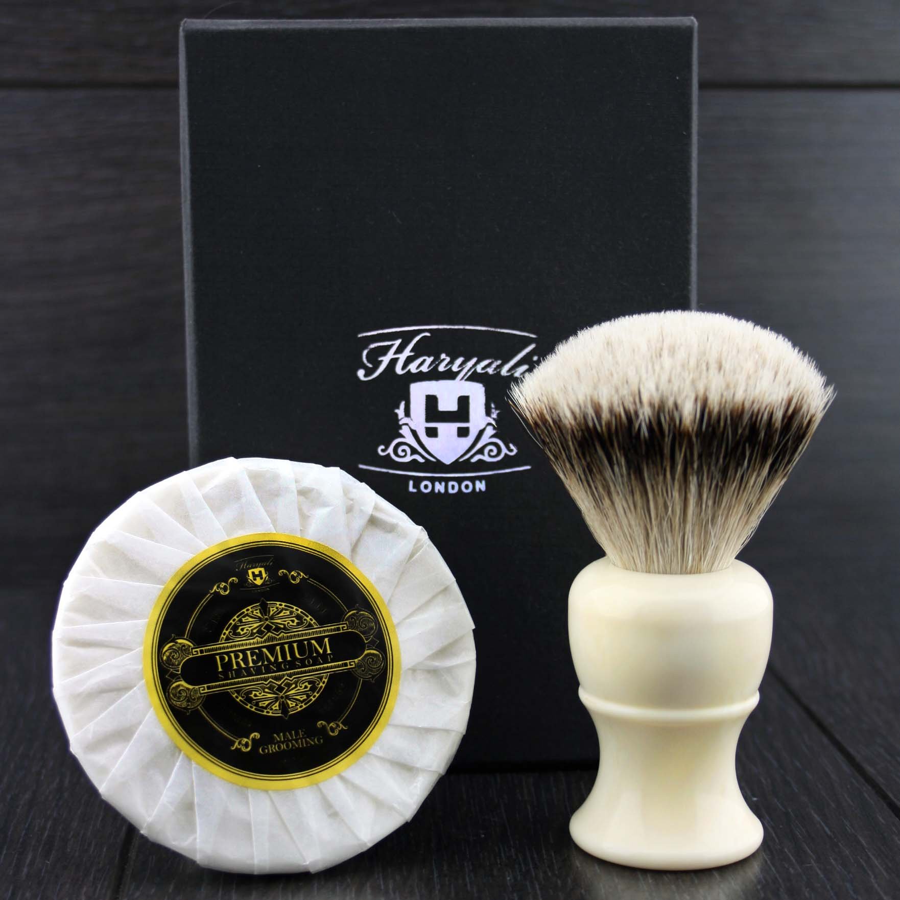 Silver Tip Badger Hair Shaving Brush in Ivory Horn Handle with Haryali London Premium Shaving Soap for a Great Lather.