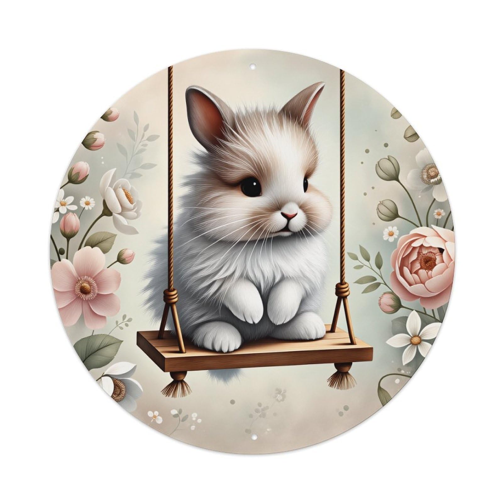 Cute Bunny On Swing With Flowers Round Tin Sign Vintage Style Metal Sign Home Bar Garden Wall Plaque Decor Metal Poster 8x8 Inch