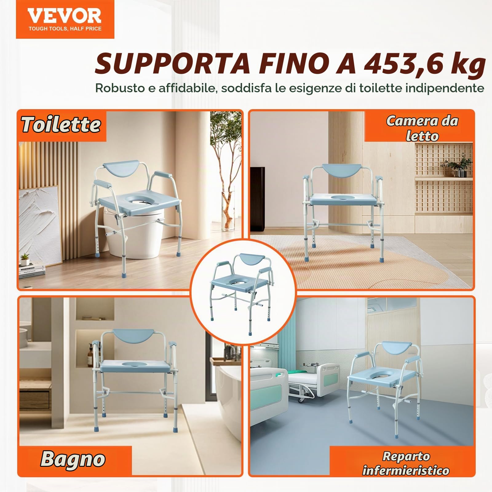 VEVOR Sedia da toilette, braccioli ribaltabili Schienale Staccabile, Altezza Regolabile 5 Livelli, Secchio Rimovibile da 7 Litri, Facile da Montare, Capacità di 1000LBS, Toilette Portatile