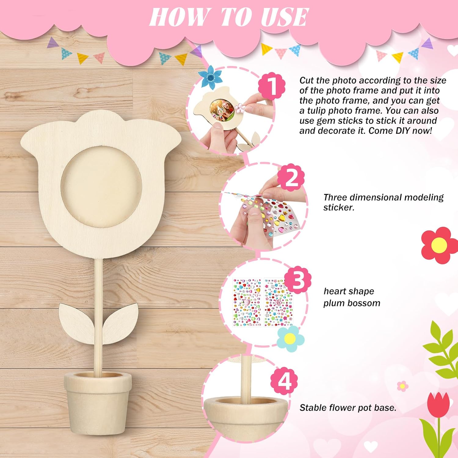 Tellingyou 18 Pcs Spring Craft Bulk Mothers Day Crafts for Kids Classroom Spring Flower Picture Frame Kit Flower Pot DIY Wood Picture Frames with 2 Gems Stickers Gift for Family Kids(Cute Shape)