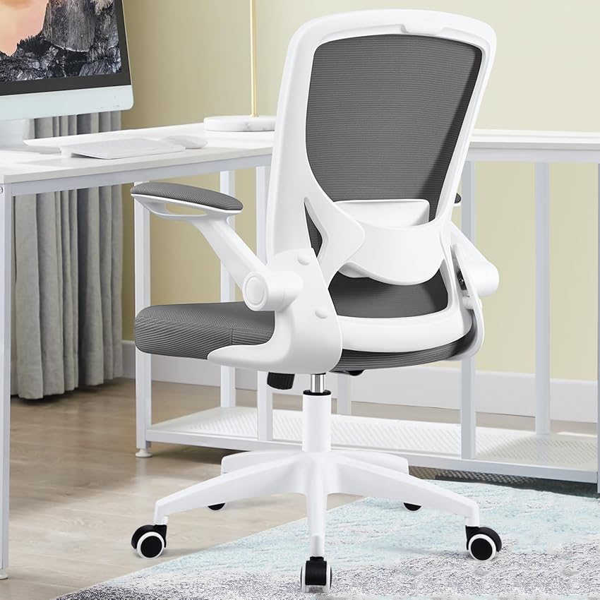 Immagine del prodotto KERDOM - Sedia da ufficio, ergonomica, con braccioli pieghevoli, girevole a 360°, in rete, sedia da scrivania, colore grigio scuro, 9060