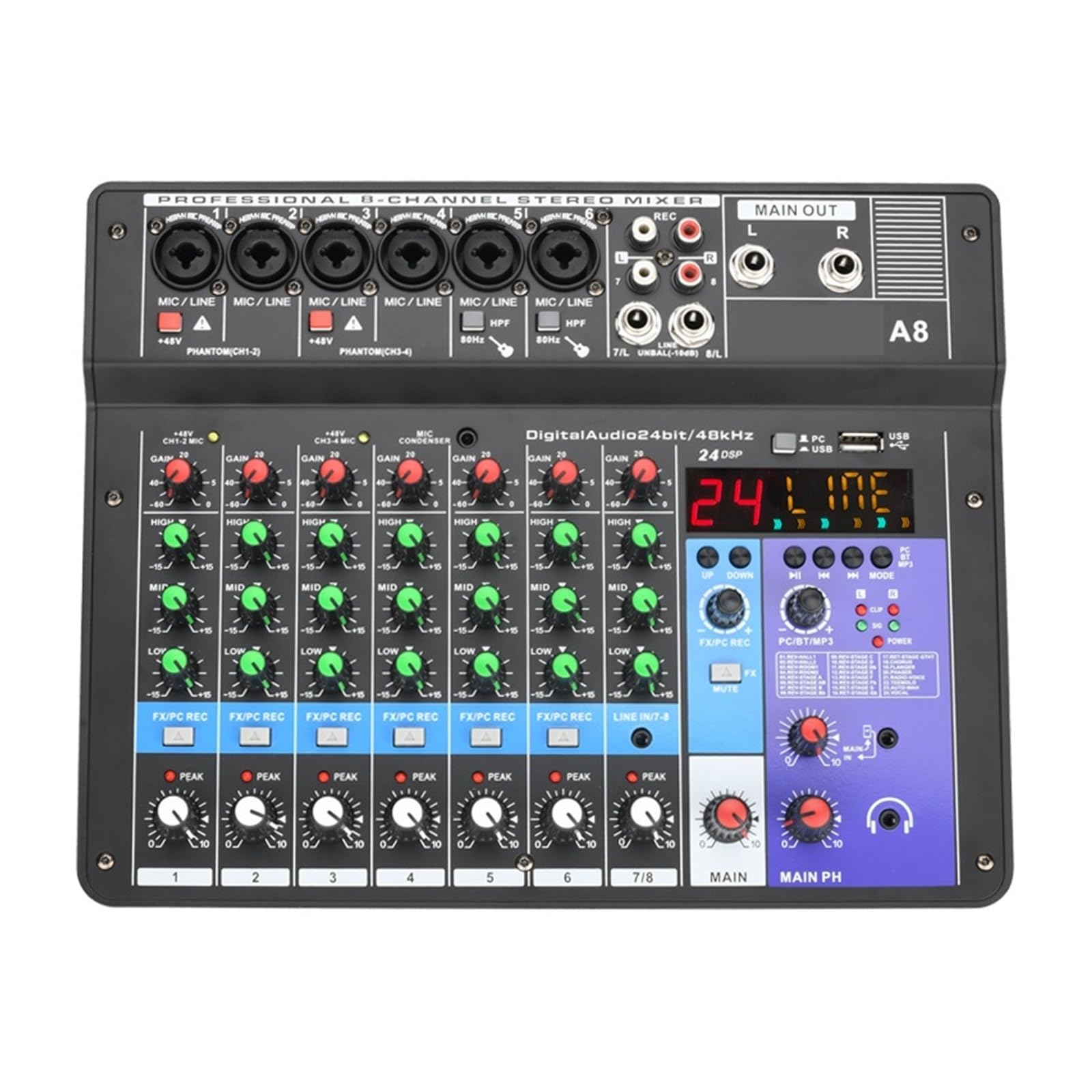8-kanałowy Stół Do Miksowania Dźwięku DJ 24 Efekt DSP Mikser Audio PC USB Odtwarzanie Nagrywania 48V Kontroler Konsola Miksująca A8