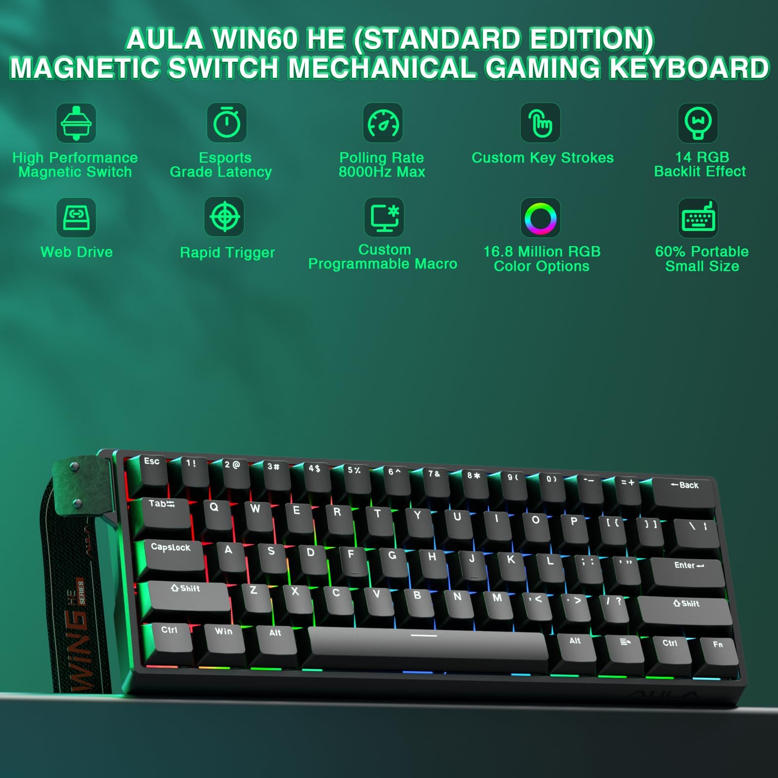 TZMRIT x Aula WIN60 HE, Clavier de jeu mécanique à 60 % avec câble, interrupteur magnétique échangeable à chaud, mode action-arrêt rapide, taux de réglage 8000 Hz, RVB petit