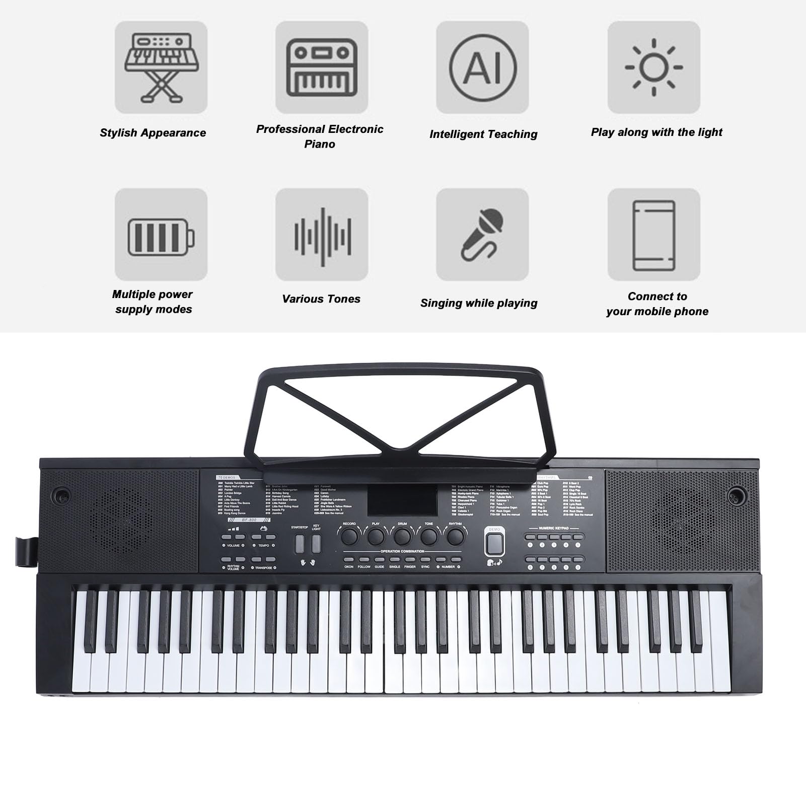 SEAFRONT Ideal para Principiantes Teclado Electrónico de 61 Teclas Altavoces Duales Pantalla LED Atril Alimentado por USB con Teclas Iluminadas Órgano Electrónico
