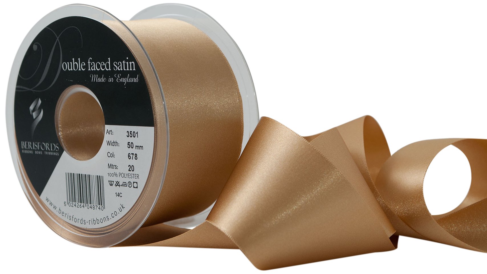 Berisfords 3501 Double Satin Ribbon, Honey Gold, 50 mm
