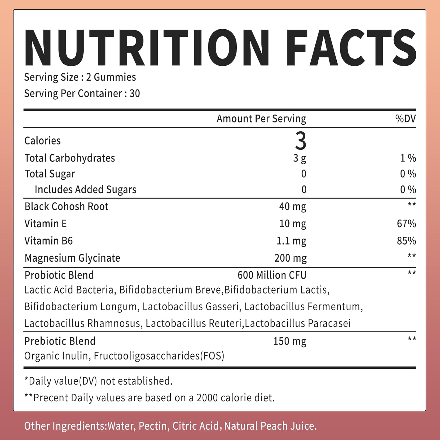 Menopause Supplement for Women Gummies with Black Cohosh Magnesium, Vitamin E, Probiotic & Prebiotic - Hot Flashes* and Night Sweats* Relief Supplements - Vegan, Peach Flavored, 60 Counts - Image 3