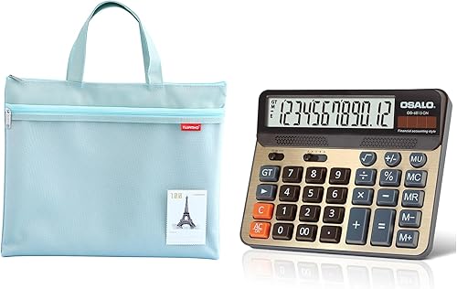 Calculadora de escritorio y bolsa impermeable con cremallera de malla, batería de 12 dígitos, pantalla LCD con energía solar, calculadora de botón