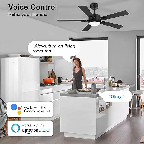 Miniatura 2 de Ventiladores de techo inteligentes de 52 pulgadas con luces y control remoto, motor de CC silencioso, ventilador de techo negro y madera para