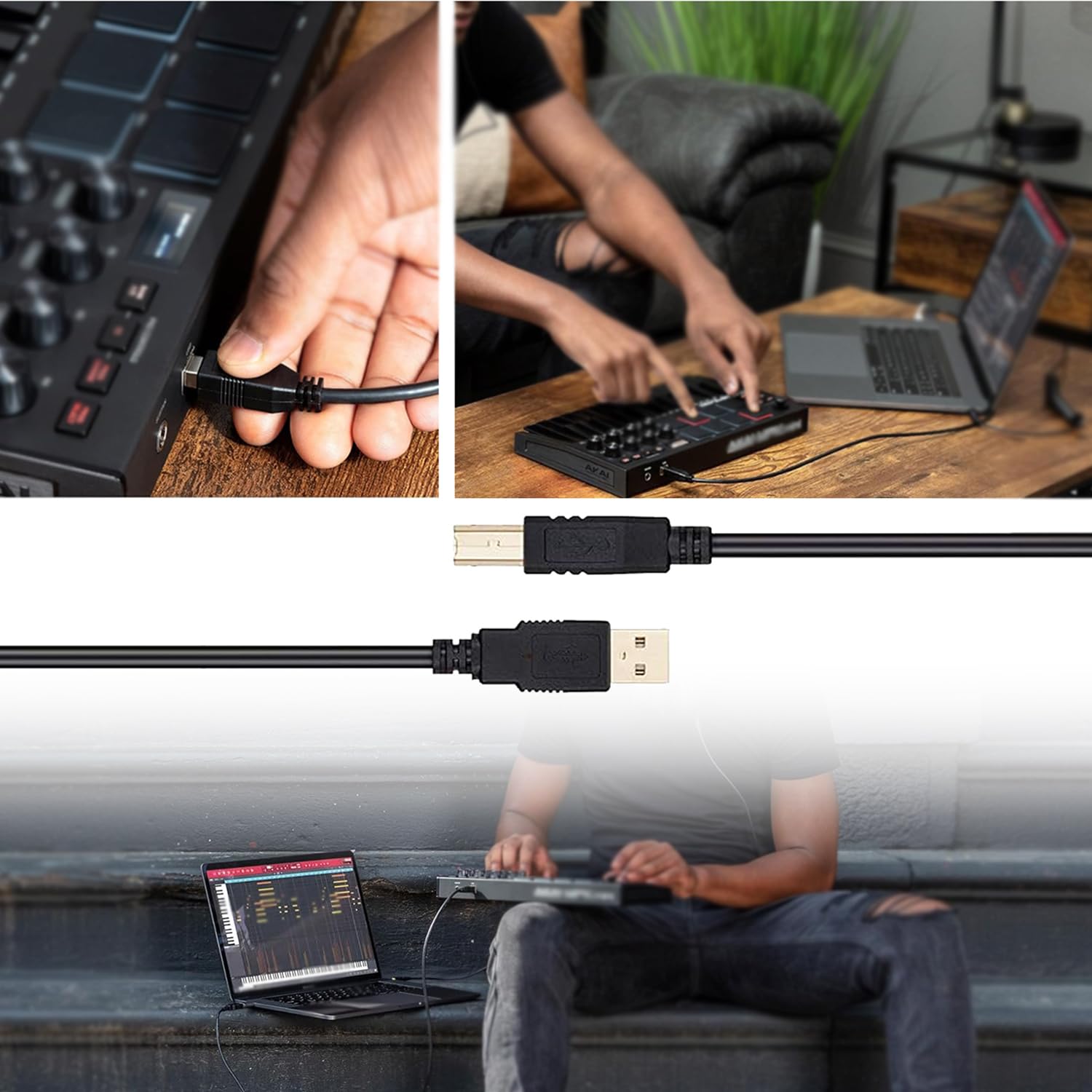 Câble USB B MIDI Compatible Avec Akai Professional MPK Mini MKII MK3, APC Key 25, APC Mini, APC40MKII, MPD218, MPK225, MPK249, MPK261, MPC X One, LPK25, MPX8, MPK Mini Play 3 M