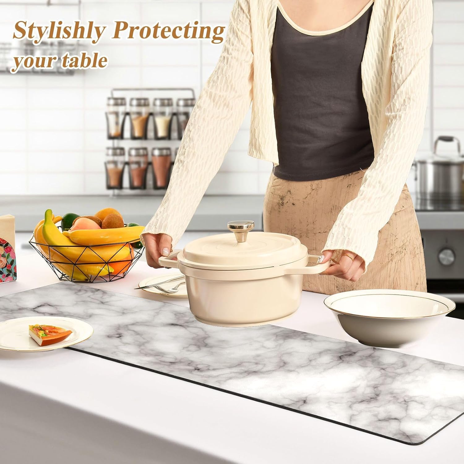 Heat Resistant Table Runner&Trivet Runners Anti Slip Waterproof Trivets for Hot Dishes and Pans Kitchen Farmhouse Wedding Party Countertops Decoration 12X39 in Gray Marble Texture