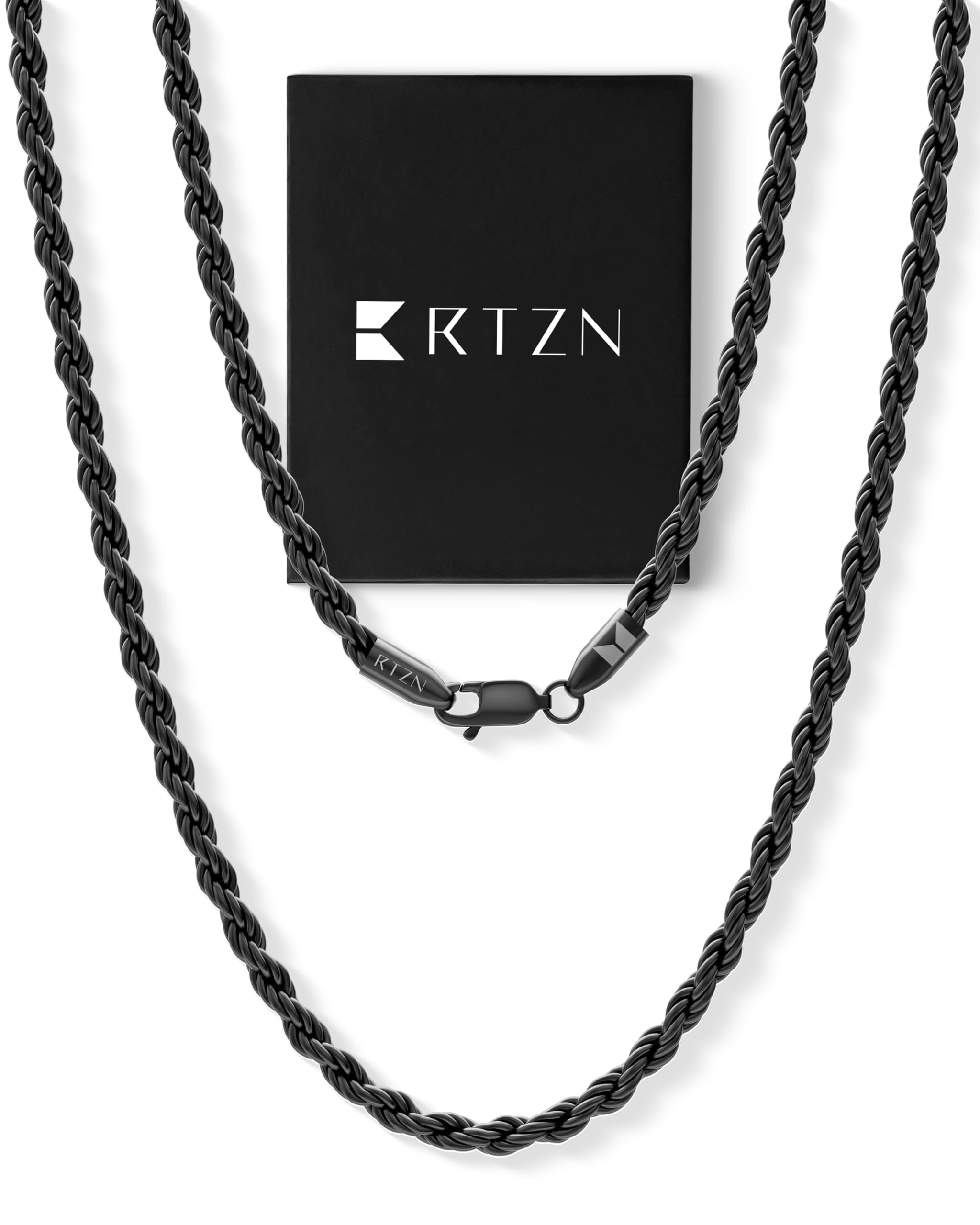 RTZN® Gold Rope Chain for Men – 3mm Mens Rope Chain – Premium Stainless Steel Necklace for Men & Boys – Non-Tarnish & Waterproof Black, Silver, Gold