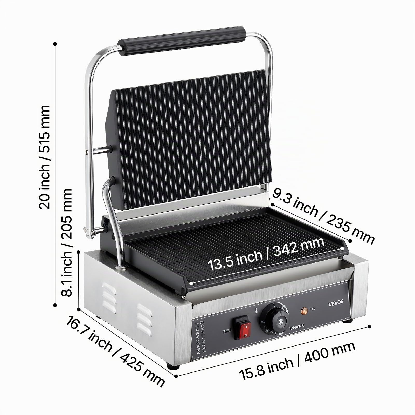 VEVOR Gril Panini Électrique 2200 W, Machine à Panini avec Plaque Émaillée Plate de 34x23 cm, Appareil à Sandwich en Inox, avec Poignée et Contrôle de la Température, pour Hamburger, Steak, Cuisine