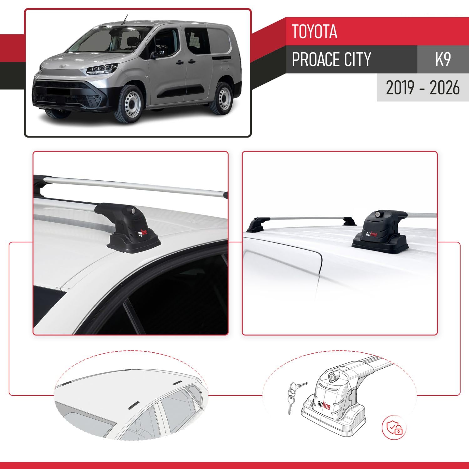 Kompatybilny z Compatible with Toyota Proace City 2019-2026 ACE-3 Model Aluminiowy bagażnik dachowy 2 poprzeczki, szary