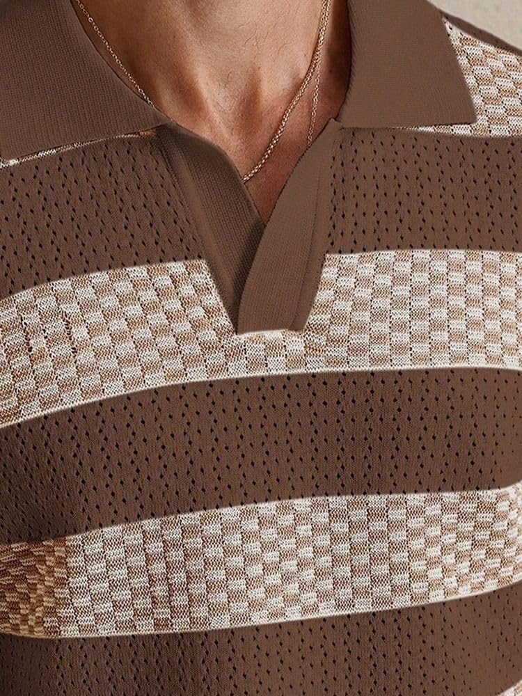 MORISTE Camicia Uomo a Righe Contrastanti Lavorata a Maglia, Colletto rivoltato Manica Corta Casual Top