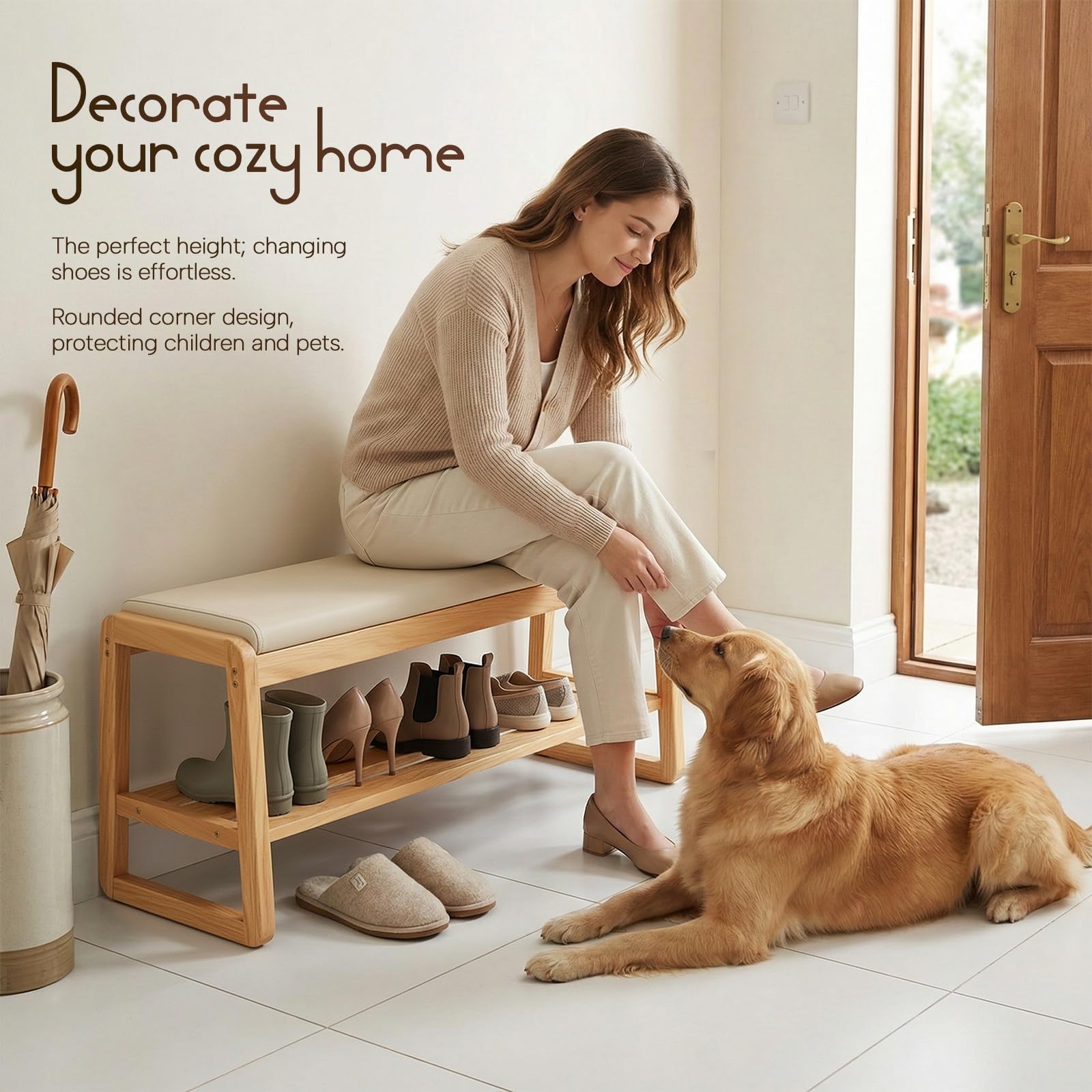 Banco Zapatero Recibidor con Almacenaje, Mueble Zapatero de Madera Maciza con Asiento de Cuero PU, Banco Entrada Efecto Roble Moderno, Estantería Zapatos 2 Niveles para Pasillo(100cm)