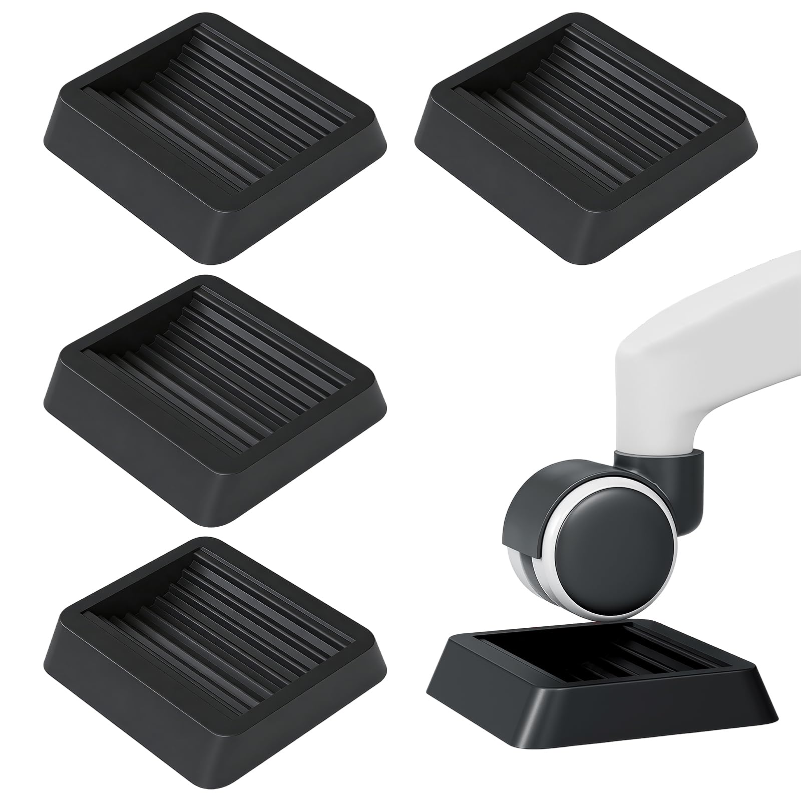 4 Pezzi Coppe Bloccaruote in Gomma per Mobili, 8CM Quadrato Scanalato Design Blocca Ruote Sedia Gaming, Piano Caster Cups, Silenziosi Cuscini per Ruote Mobili, Letti, Divani e Sedie (Nero)