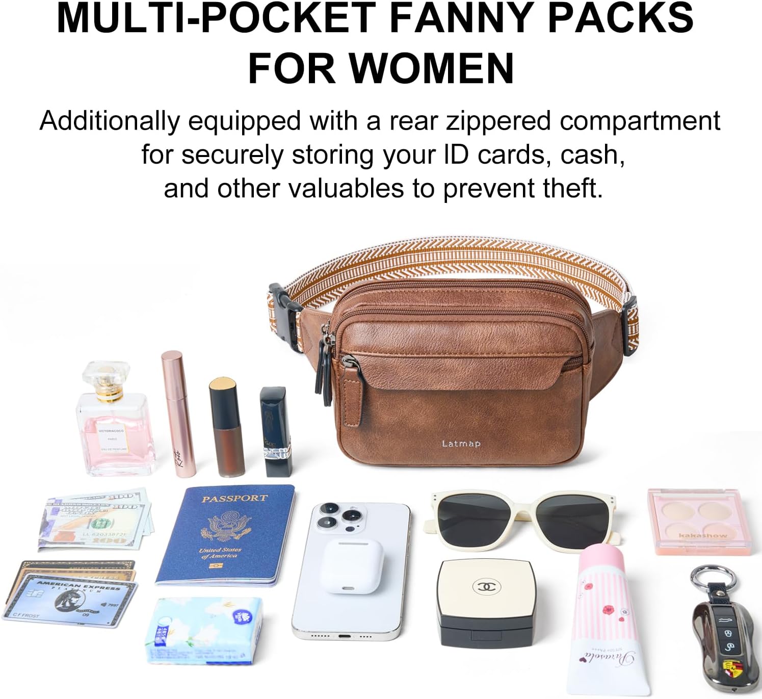 LATMAP 3L Fanny Packs for Women Cross Body Bag Vegan Leather Chest Belt Bag Fashion Waist Pack Small Bum Bag Crossbody for Travel Running Workout, Brown