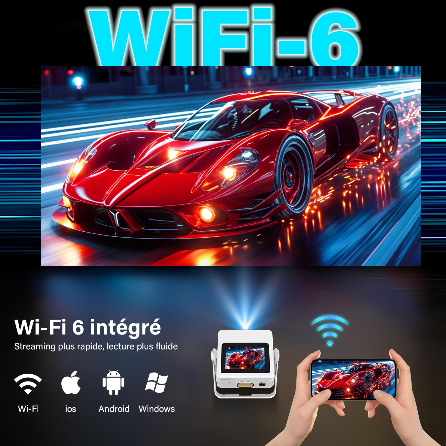 Mini proiettore Smart con supporto 4K con touchscreen, messa a fuoco automatica e correzione trapezoidale, WiFi 6 Bluetooth HDR10+, 1000+ app, doppio display